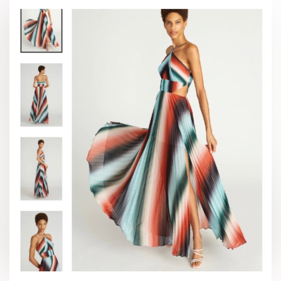 Amur Janet Pleated Gown Maxi Dress Rainbow Red Green Blue Cutouts, Size 6 - Picture 2 of 8